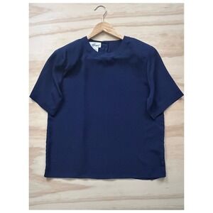 Worthington Navy Blue Top Women's L | Back Button Short Sleeve Blouse